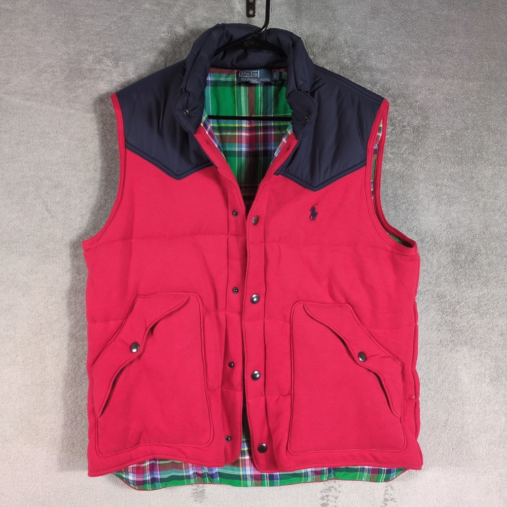 NWOT VTG 90s Polo Ralph Lauren Mens Red Navy Puffer Vest Plaid Lined L Holiday